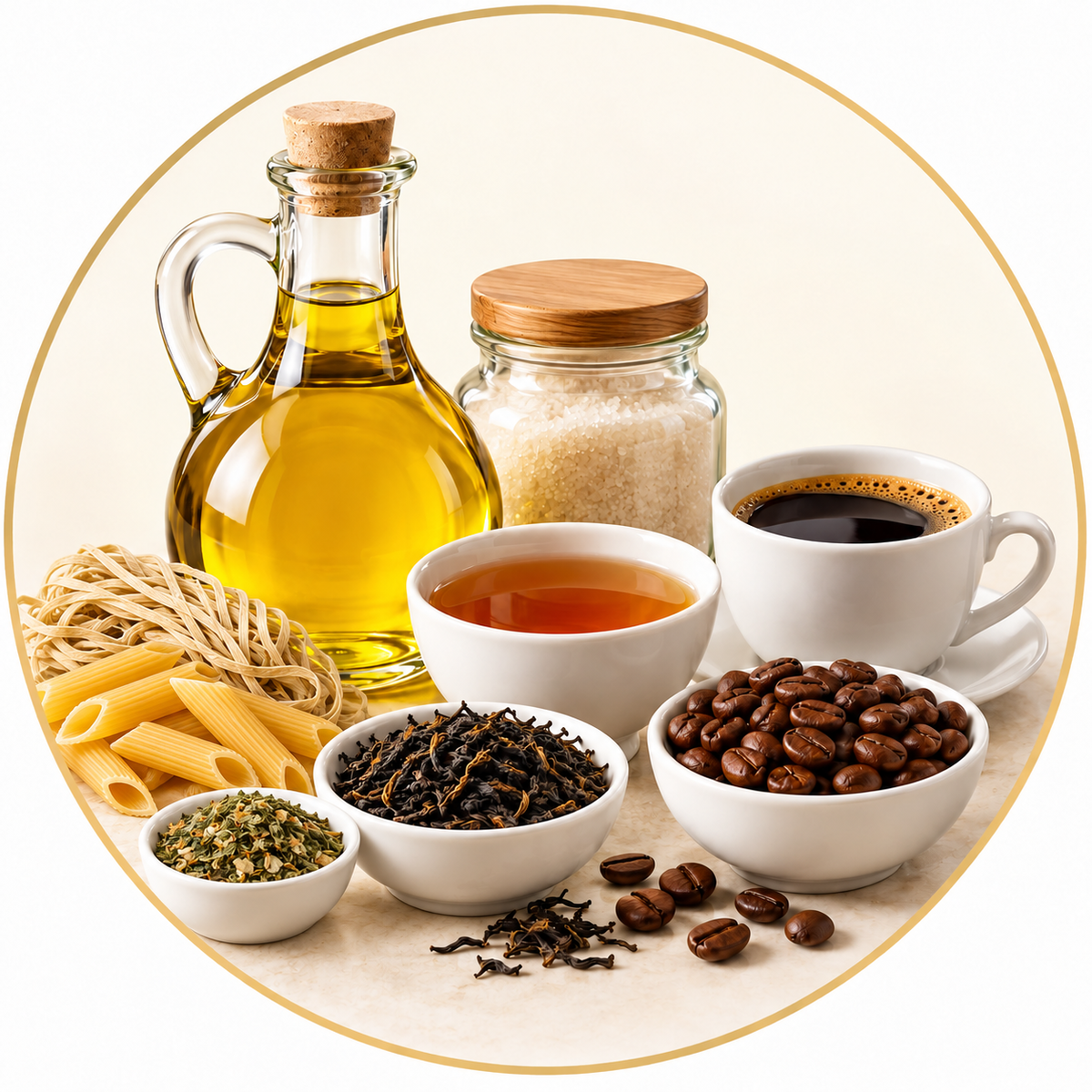 Tea, coffee, cooking oil, pasta, noodles and dried herbs in a circular arrangement