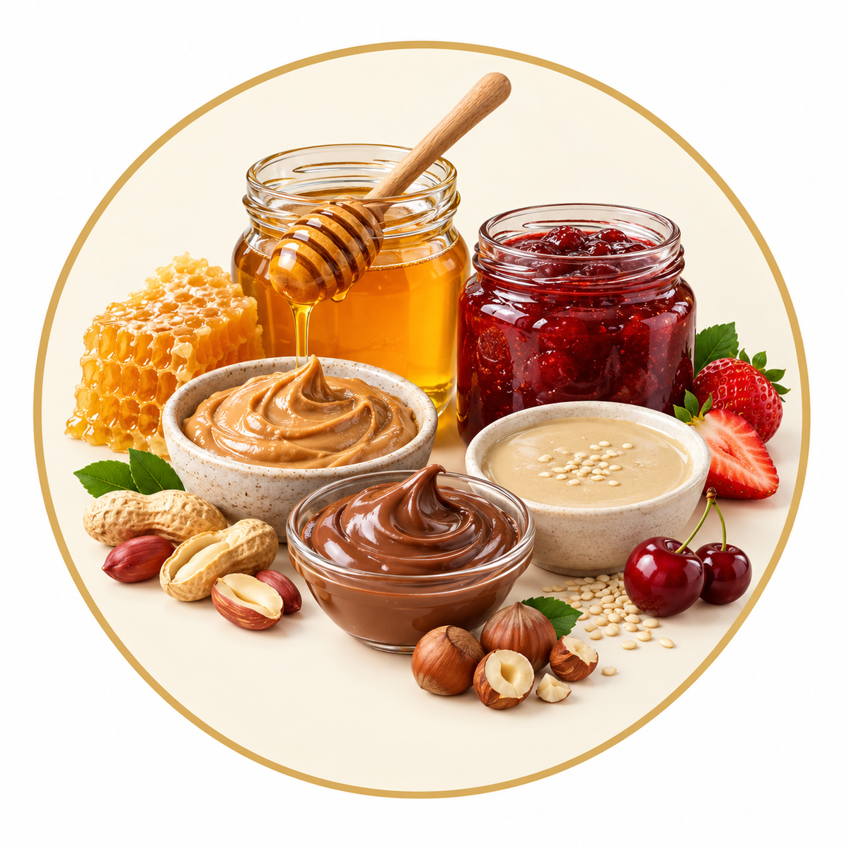 Honey, fruit jam, peanut butter, chocolate hazelnut spread and tahini