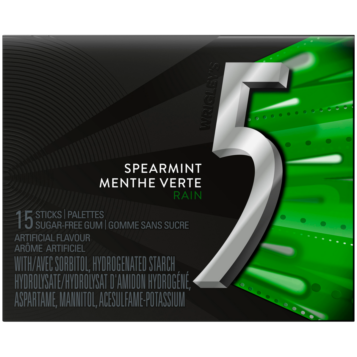 5 Gum Rain Spearmint Sugar Free Gum, 15 Sticks