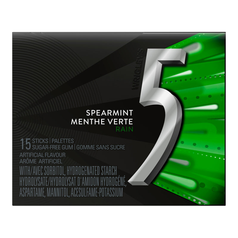 5 Gum Rain Spearmint Sugar Free Gum, 15 Sticks